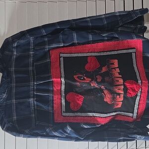 Nautica Blue Windowpane Plaid Button-Down Shirt Altered With Deadpool Shirt